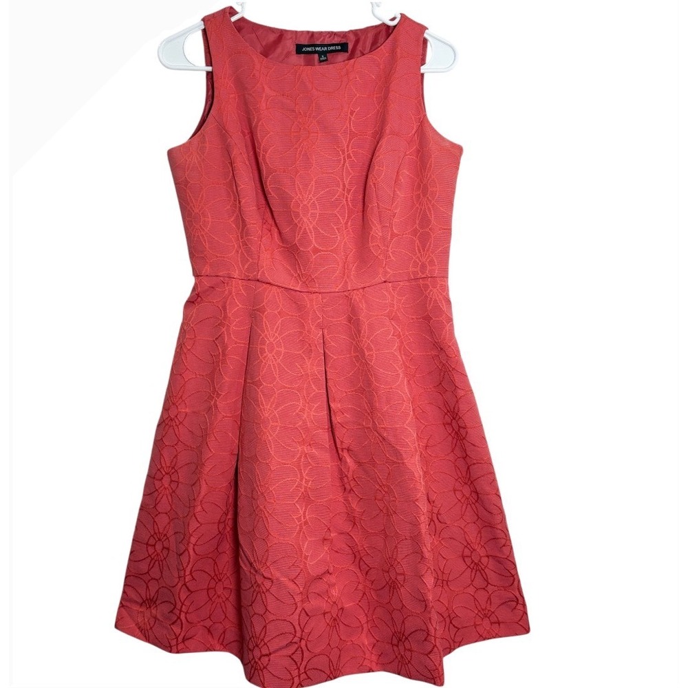 Jones Wear Dress Women 8‎ Coral Pink Textured Floral Jacquard Fit & Flare